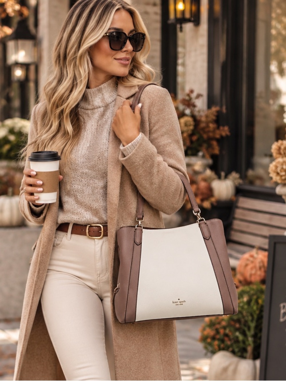 kate spade Jackson Med Triple Compartment Two-Tone Cream and Taupe Shoulder Bag